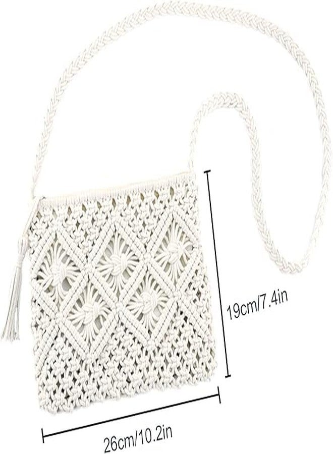 PARAH Women's Handwoven Crossbody Handbag Summer Beach Shoulder Handbag Cotton Crochet Woven Handmade Purse Bag Tassel For Ladies (White) - Image 2
